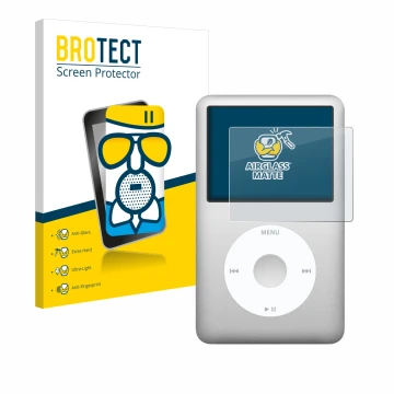 Parte frontale di una confezione del prodotto con il logo del marchio BROTECT. Accanto è raffigurato il dispositivo Apple iPod