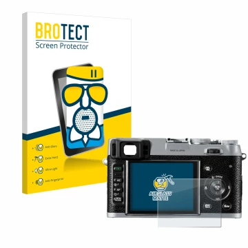 Parte frontale di una confezione del prodotto con il logo del marchio BROTECT. Accanto è raffigurato il dispositivo Fujifilm F