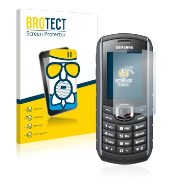 Parte frontale di una confezione del prodotto con il logo del marchio BROTECT. Accanto è raffigurato il dispositivo Samsung GT