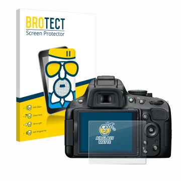 Parte frontale di una confezione del prodotto con il logo del marchio BROTECT. Accanto è raffigurato il dispositivo Nikon D510