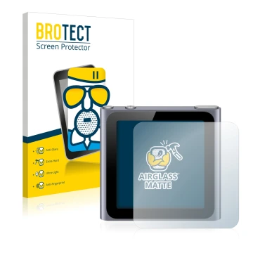 Parte frontale di una confezione del prodotto con il logo del marchio BROTECT. Accanto è raffigurato il dispositivo Apple iPod