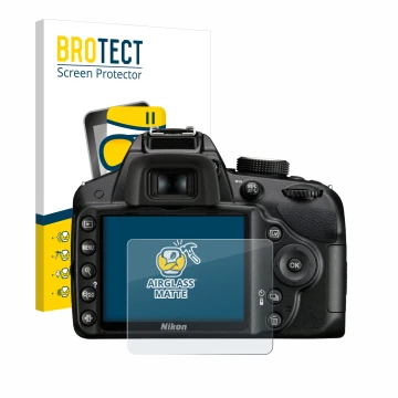 Parte frontale di una confezione del prodotto con il logo del marchio BROTECT. Accanto è raffigurato il dispositivo Nikon D320