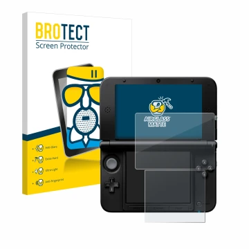 Parte frontale di una confezione del prodotto con il logo del marchio BROTECT. Accanto è raffigurato il dispositivo Nintendo 3