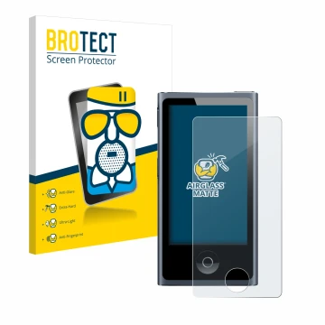 Parte frontale di una confezione del prodotto con il logo del marchio BROTECT. Accanto è raffigurato il dispositivo Apple iPod