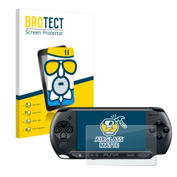 Parte frontale di una confezione del prodotto con il logo del marchio BROTECT. Accanto è raffigurato il dispositivo Sony PSP 1