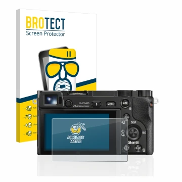 Parte frontale di una confezione del prodotto con il logo del marchio BROTECT. Accanto è raffigurato il dispositivo Sony Alpha