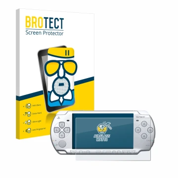Parte frontale di una confezione del prodotto con il logo del marchio BROTECT. Accanto è raffigurato il dispositivo Sony PSP 2