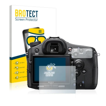 Parte frontale di una confezione del prodotto con il logo del marchio BROTECT. Accanto è raffigurato il dispositivo Sony Alpha