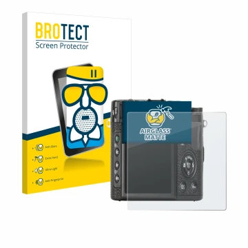 Parte frontale di una confezione del prodotto con il logo del marchio BROTECT. Accanto è raffigurato il dispositivo Fujifilm X