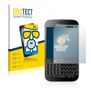 Parte frontale di una confezione del prodotto con il logo del marchio BROTECT. Accanto è raffigurato il dispositivo Blackberry