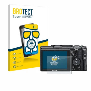 Parte frontale di una confezione del prodotto con il logo del marchio BROTECT. Accanto è raffigurato il dispositivo Ricoh GR I