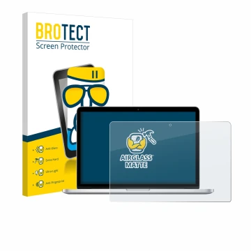 Parte frontale di una confezione del prodotto con il logo del marchio BROTECT. Accanto è raffigurato il dispositivo Apple MacB