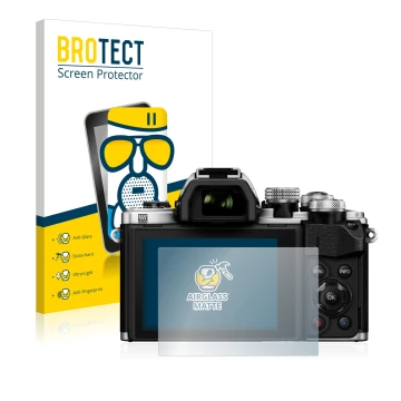 Parte frontale di una confezione del prodotto con il logo del marchio BROTECT. Accanto è raffigurato il dispositivo Olympus OM