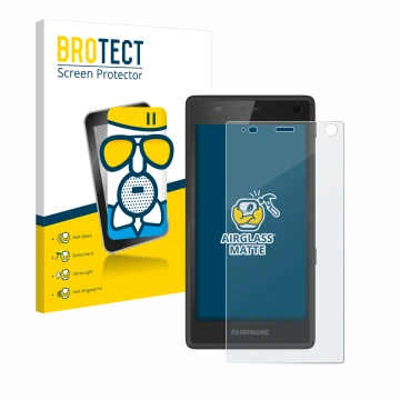 Parte frontale di una confezione del prodotto con il logo del marchio BROTECT. Accanto è raffigurato il dispositivo Fairphone 