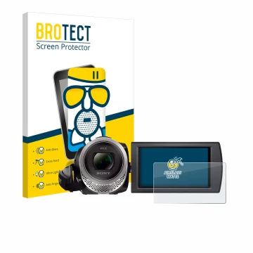 Parte frontale di una confezione del prodotto con il logo del marchio BROTECT. Accanto è raffigurato il dispositivo Sony FDR-A