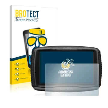 Parte frontale di una confezione del prodotto con il logo del marchio BROTECT. Accanto è raffigurato il dispositivo Garmin zum