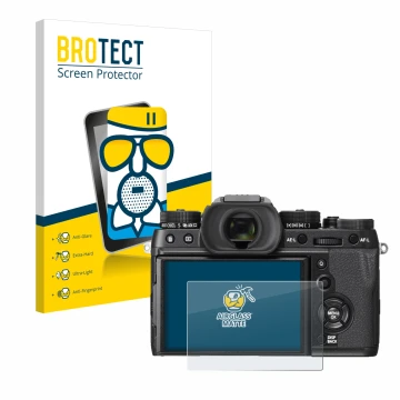 Parte frontale di una confezione del prodotto con il logo del marchio BROTECT. Accanto è raffigurato il dispositivo Fujifilm X