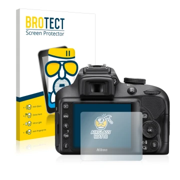 Parte frontale di una confezione del prodotto con il logo del marchio BROTECT. Accanto è raffigurato il dispositivo Nikon D340