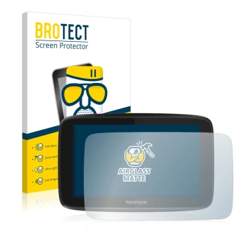 Parte frontale di una confezione del prodotto con il logo del marchio BROTECT. Accanto è raffigurato il dispositivo TomTom GO 