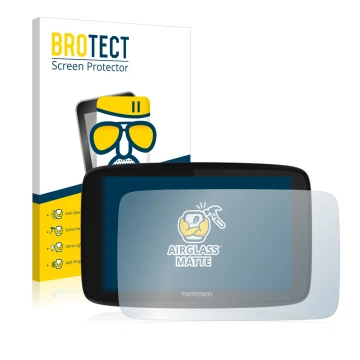 Parte frontale di una confezione del prodotto con il logo del marchio BROTECT. Accanto è raffigurato il dispositivo TomTom GO 