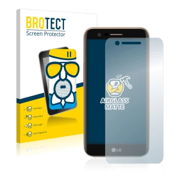 Parte frontale di una confezione del prodotto con il logo del marchio BROTECT. Accanto è raffigurato il dispositivo LG K10 201