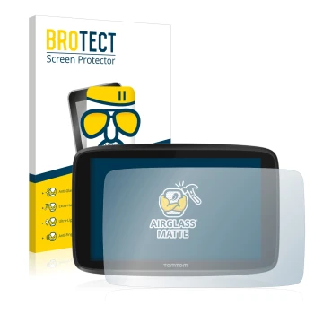 Parte frontale di una confezione del prodotto con il logo del marchio BROTECT. Accanto è raffigurato il dispositivo TomTom GO 