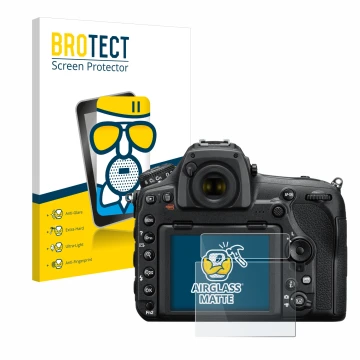 Parte frontale di una confezione del prodotto con il logo del marchio BROTECT. Accanto è raffigurato il dispositivo Nikon D850