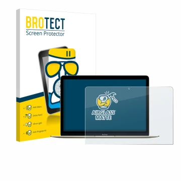 Parte frontale di una confezione del prodotto con il logo del marchio BROTECT. Accanto è raffigurato il dispositivo Apple MacB