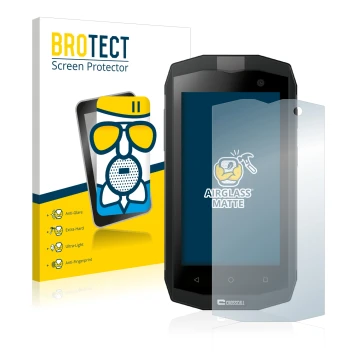 Parte frontale di una confezione del prodotto con il logo del marchio BROTECT. Accanto è raffigurato il dispositivo Crosscall 