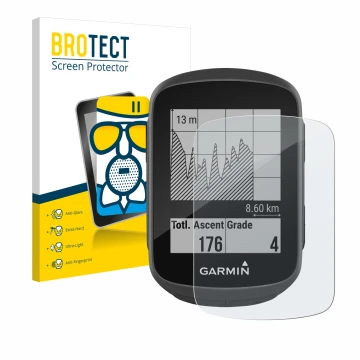 Parte frontale di una confezione del prodotto con il logo del marchio BROTECT. Accanto è raffigurato il dispositivo Garmin Edg