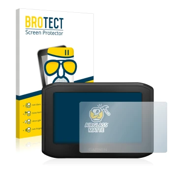 Parte frontale di una confezione del prodotto con il logo del marchio BROTECT. Accanto è raffigurato il dispositivo Garmin zum