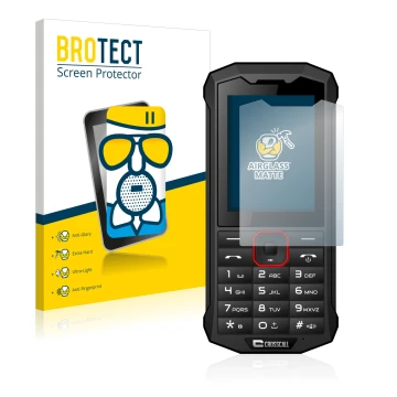 Parte frontale di una confezione del prodotto con il logo del marchio BROTECT. Accanto è raffigurato il dispositivo Crosscall 