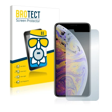 Parte frontale di una confezione del prodotto con il logo del marchio BROTECT. Accanto è raffigurato il dispositivo Apple iPho