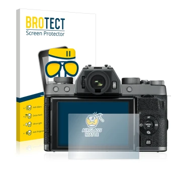 Parte frontale di una confezione del prodotto con il logo del marchio BROTECT. Accanto è raffigurato il dispositivo Fujifilm X