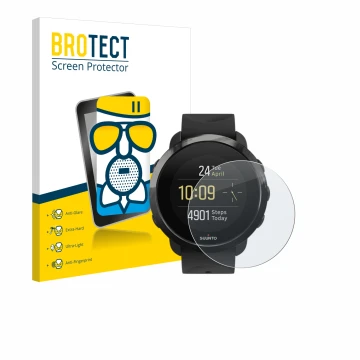 Parte frontale di una confezione del prodotto con il logo del marchio BROTECT. Accanto è raffigurato il dispositivo Suunto 3 F