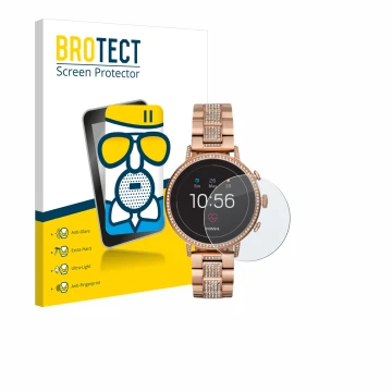 Parte frontale di una confezione del prodotto con il logo del marchio BROTECT. Accanto è raffigurato il dispositivo Fossil Q V