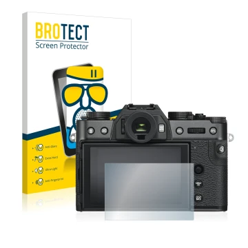 Parte frontale di una confezione del prodotto con il logo del marchio BROTECT. Accanto è raffigurato il dispositivo Fujifilm X