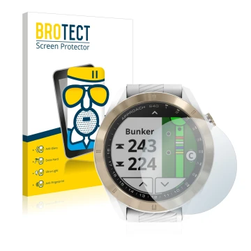 Parte frontale di una confezione del prodotto con il logo del marchio BROTECT. Accanto è raffigurato il dispositivo Garmin App