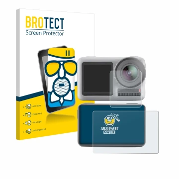 Parte frontale di una confezione del prodotto con il logo del marchio BROTECT. Accanto è raffigurato il dispositivo DJI Osmo A