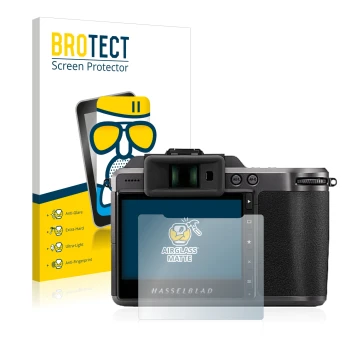 Parte frontale di una confezione del prodotto con il logo del marchio BROTECT. Accanto è raffigurato il dispositivo Hasselblad