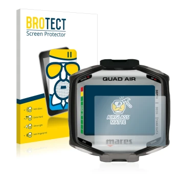 Parte frontale di una confezione del prodotto con il logo del marchio BROTECT. Accanto è raffigurato il dispositivo Mares Quad