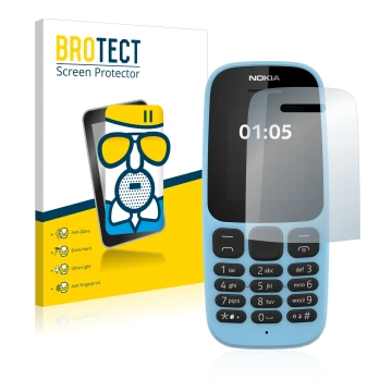 Parte frontale di una confezione del prodotto con il logo del marchio BROTECT. Accanto è raffigurato il dispositivo Nokia 105 