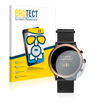 Parte frontale di una confezione del prodotto con il logo del marchio BROTECT. Accanto è raffigurato il dispositivo Fossil Jul