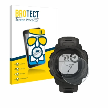 Parte frontale di una confezione del prodotto con il logo del marchio BROTECT. Accanto è raffigurato il dispositivo Garmin Ins