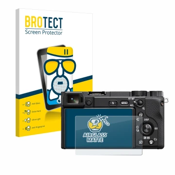 Parte frontale di una confezione del prodotto con il logo del marchio BROTECT. Accanto è raffigurato il dispositivo Sony Alpha