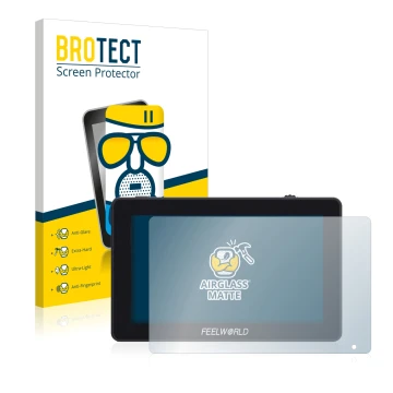 Parte frontale di una confezione del prodotto con il logo del marchio BROTECT. Accanto è raffigurato il dispositivo Feelworld 
