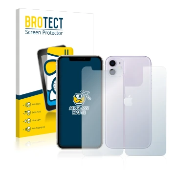 Parte frontale di una confezione del prodotto con il logo del marchio BROTECT. Accanto è raffigurato il dispositivo Apple iPho