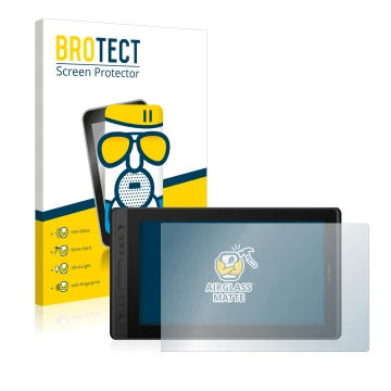 Parte frontale di una confezione del prodotto con il logo del marchio BROTECT. Accanto è raffigurato il dispositivo Huion Kamv