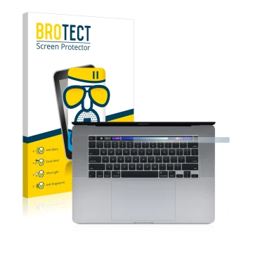 Parte frontale di una confezione del prodotto con il logo del marchio BROTECT. Accanto è raffigurato il dispositivo Apple MacB