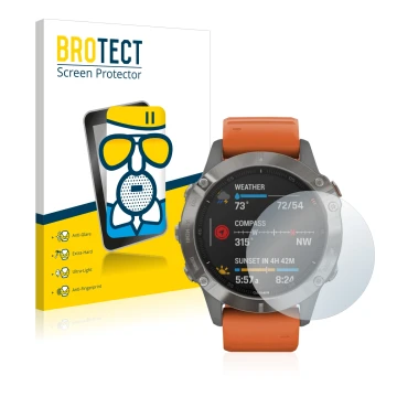 Parte frontale di una confezione del prodotto con il logo del marchio BROTECT. Accanto è raffigurato il dispositivo Garmin Fen